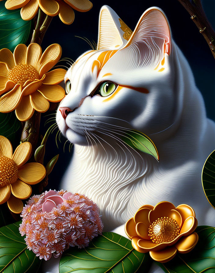 Vibrant white cat digital artwork with orange and green patterns on dark background