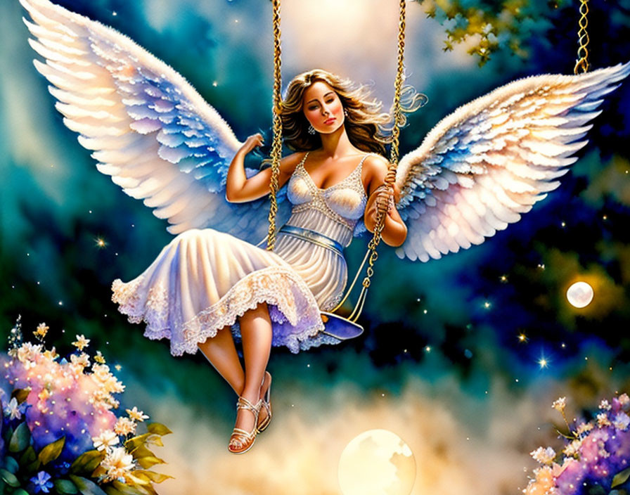 Angel-winged woman on swing in night sky with flowers and glowing orb