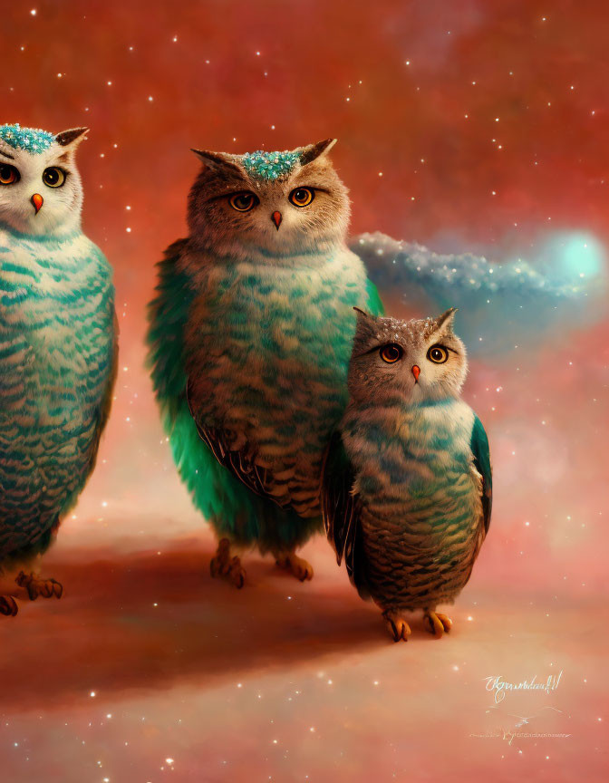 Three Blue-Green Owls with Sparkling Tiaras on Starry Background