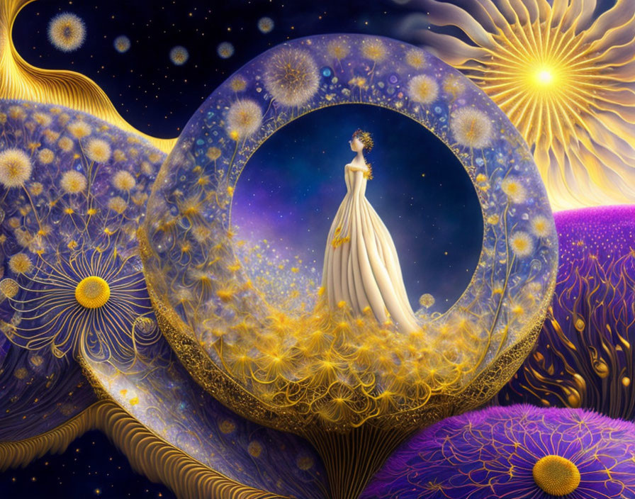 Mystical artwork of woman in white dress in cosmic setting