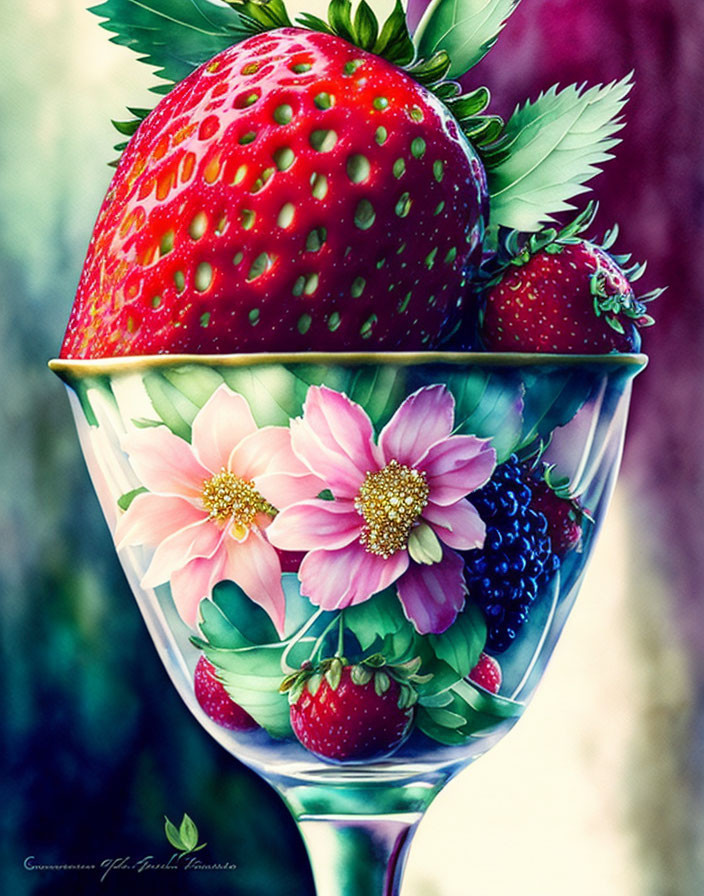 Colorful Glass of Berries and Blossoms with Strawberry on Textured Background