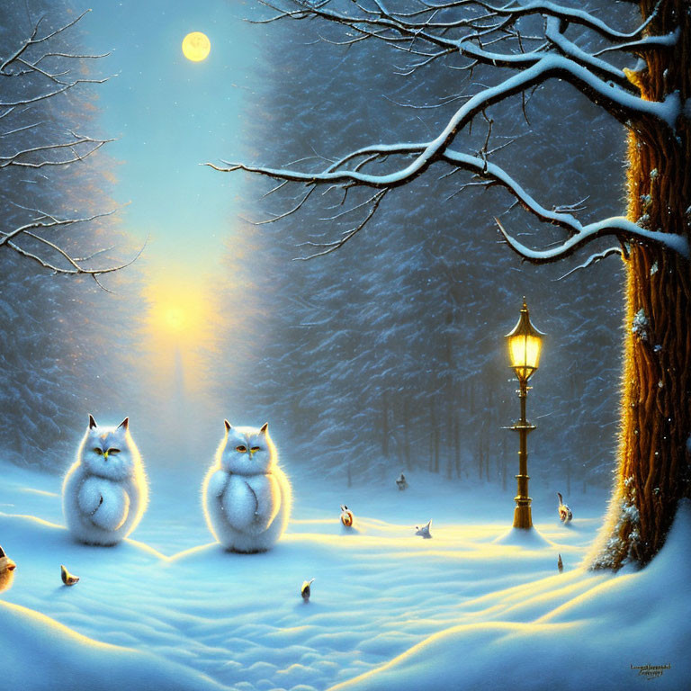 Snowy night: Two white cats, birds, streetlamp, full moon