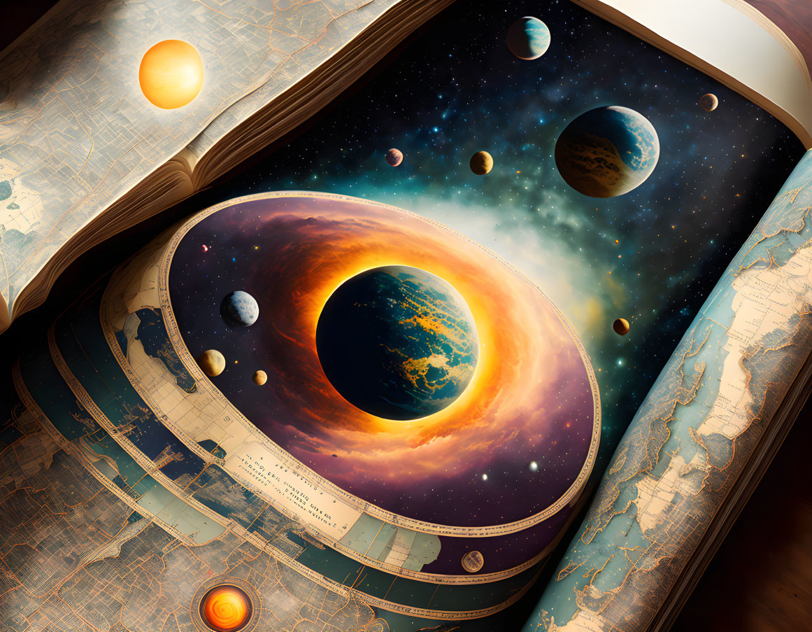 Open book displaying celestial scene with planets, stars, and galaxies.