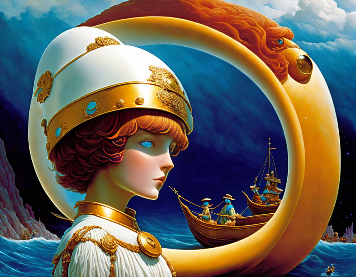 Surreal illustration of woman with ornate helmet, lion ring, and ship at sea