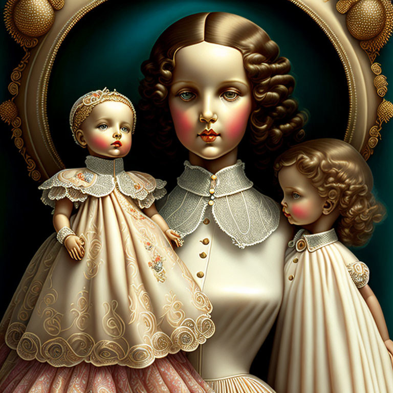 Hyperrealistic girl with two matching dolls in vintage attire on dark background.