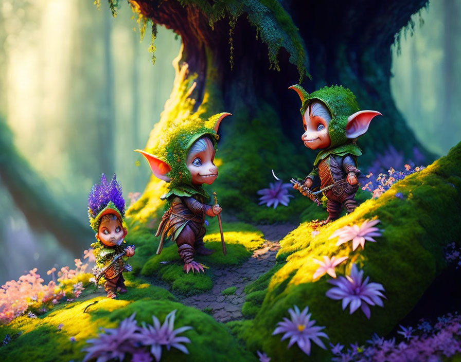 Vibrant forest glade with whimsical elves and colorful flora