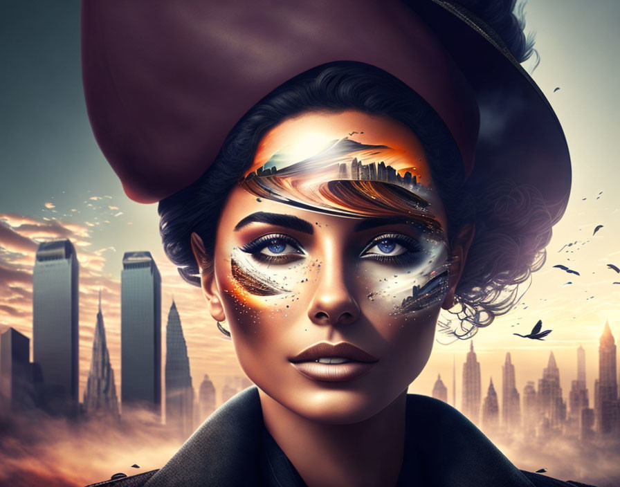 Digital art portrait of woman with futuristic cityscape and sunset reflections in eyes, surreal makeup elements.