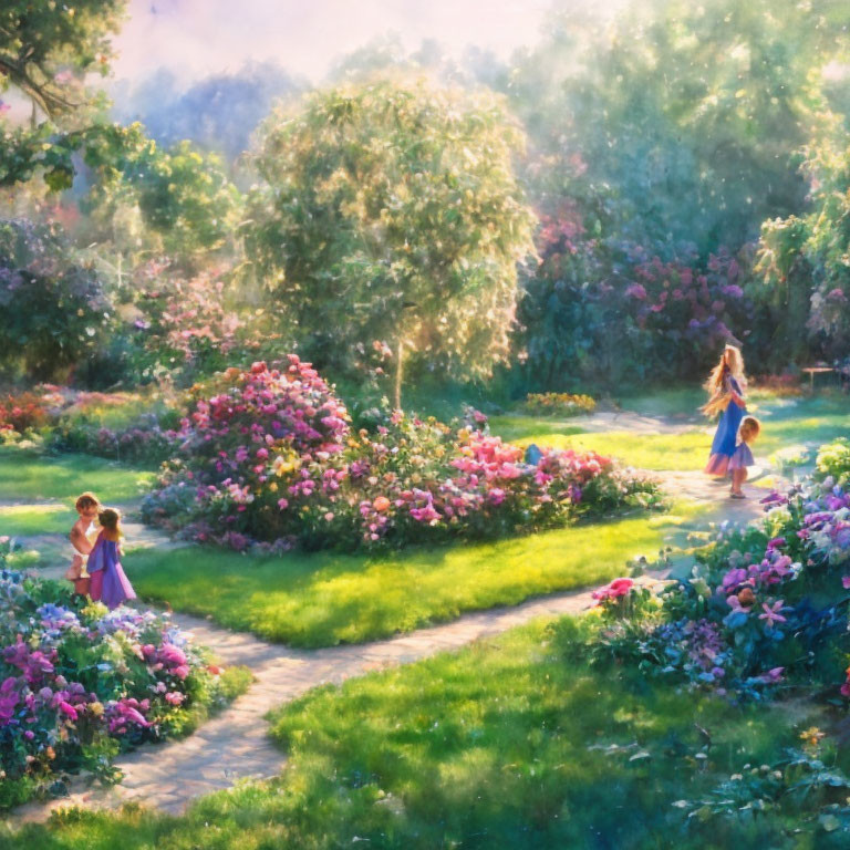 Blooming garden with winding path, children playing in sunlight