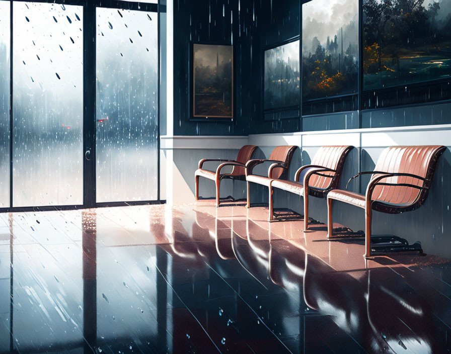 Empty seats in modern waiting area with rainy day reflections.