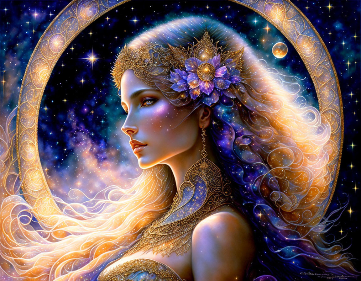 Fantasy illustration of ethereal woman with starry motifs and floral headpiece in cosmic backdrop.