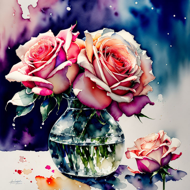 Colorful Watercolor Painting of Pink and White Roses in Vase