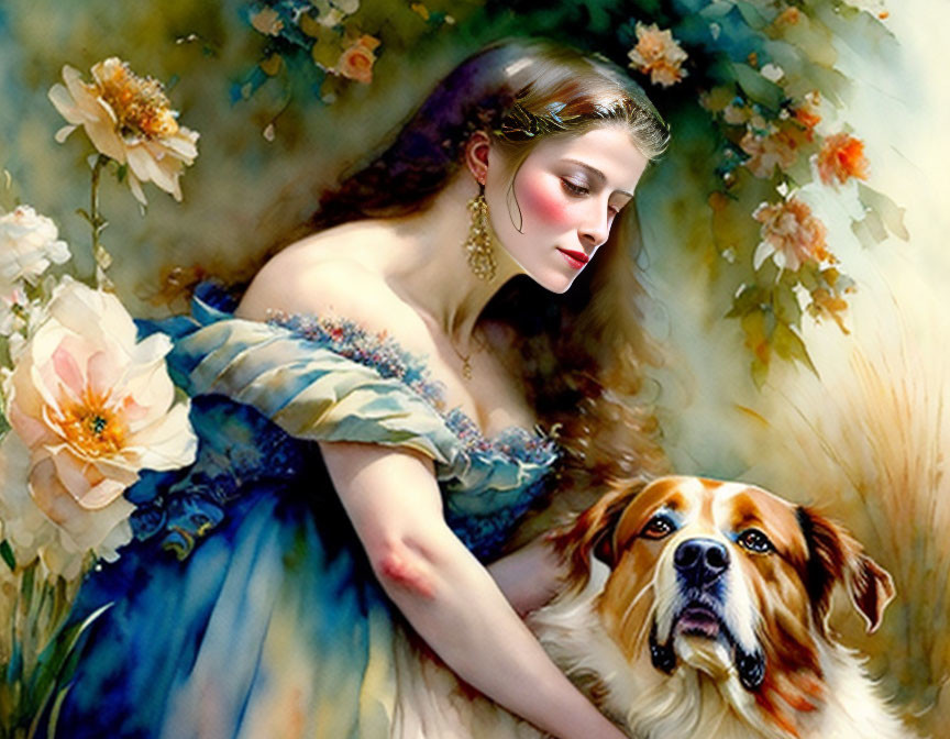 Portrait of woman in blue floral dress with earrings, headband, and dog