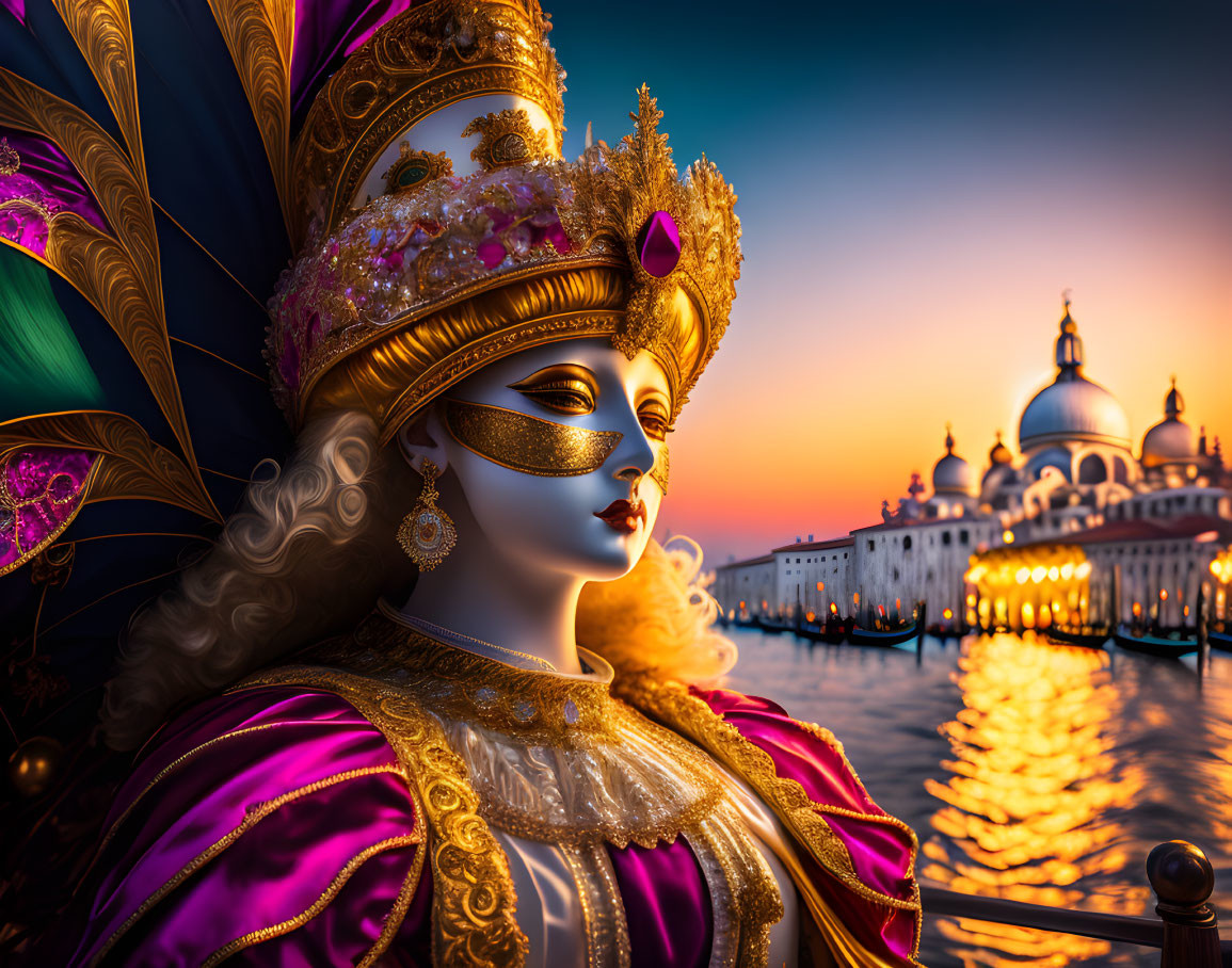 Elaborate Venetian mask with gold trim and feathers in regal costume against sunset backdrop