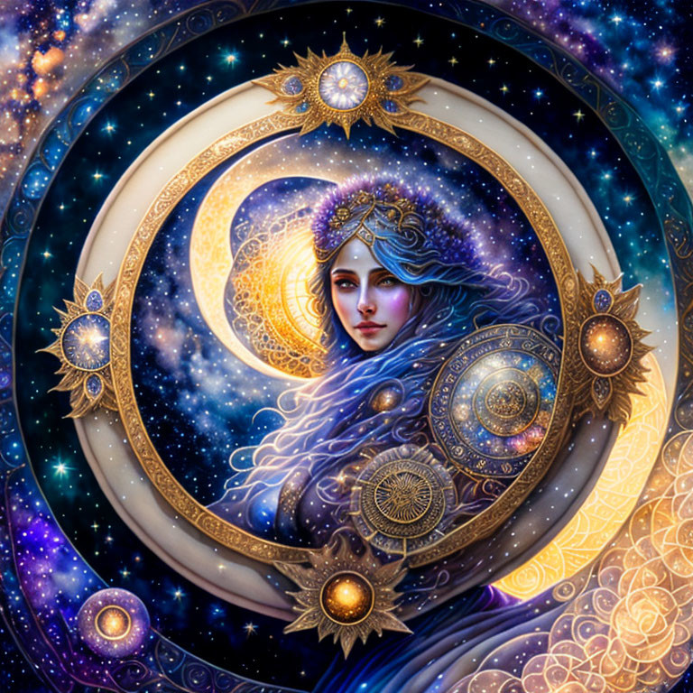 Celestial female figure in crescent moon with ornate golden designs