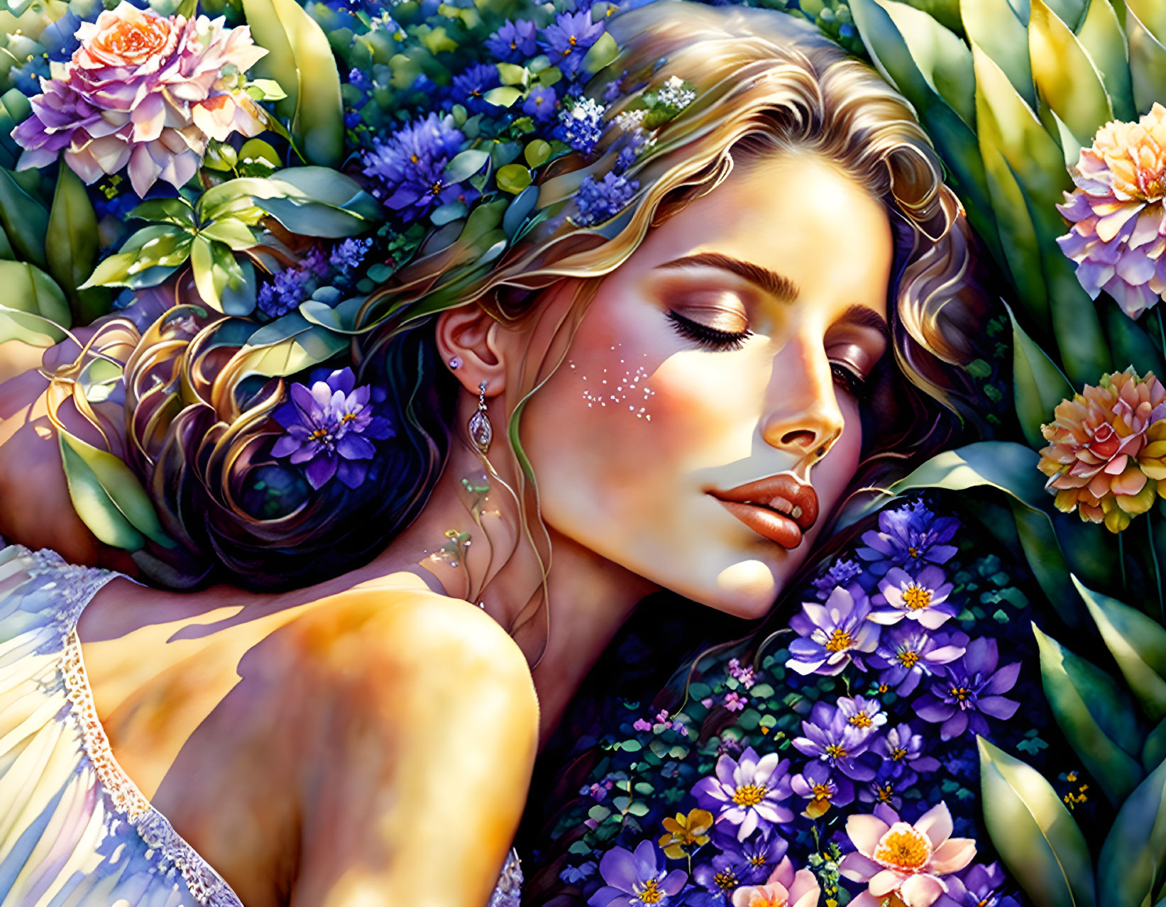 Woman with closed eyes surrounded by lush flowers and intertwined hair.