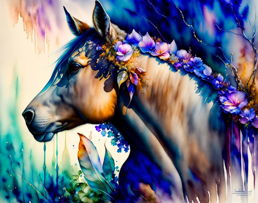 Vibrant horse painting with blue and purple hues, adorned with flowers and leaves