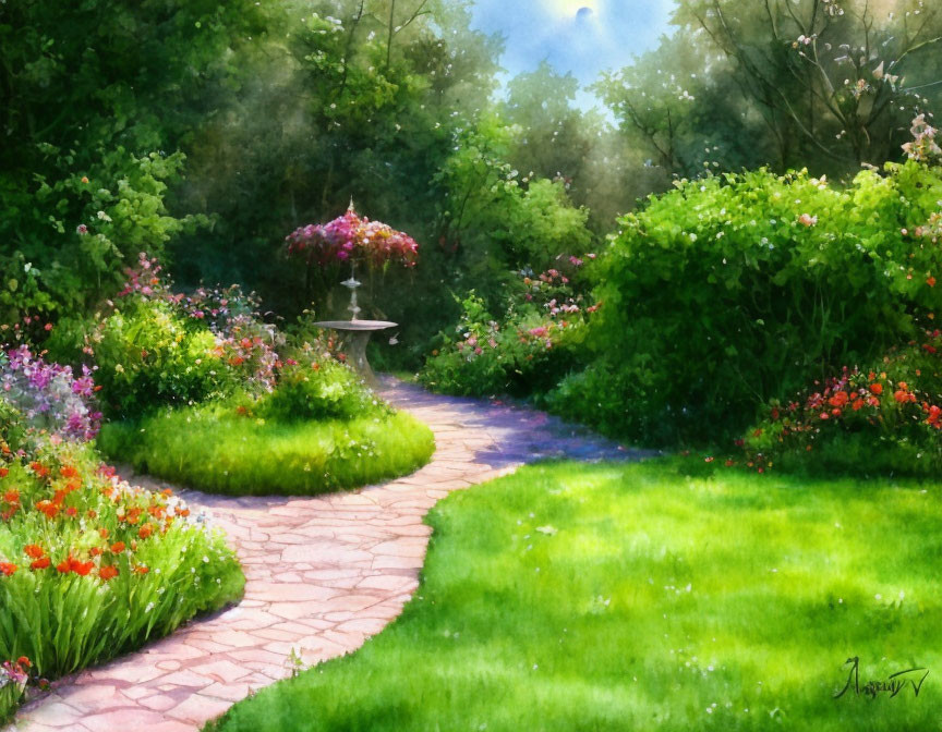 Tranquil garden path with vibrant flowers and classic birdbath