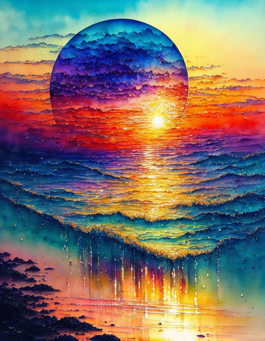 Colorful watercolor painting of a sunset over a textured sea