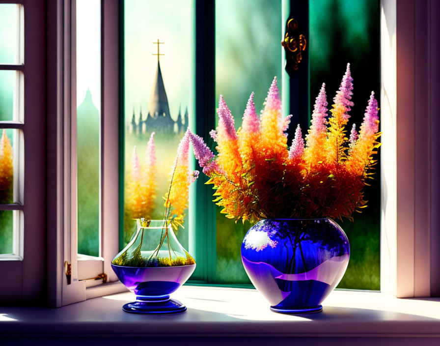 Colorful vases with pink flowers on window sill, church silhouette view.