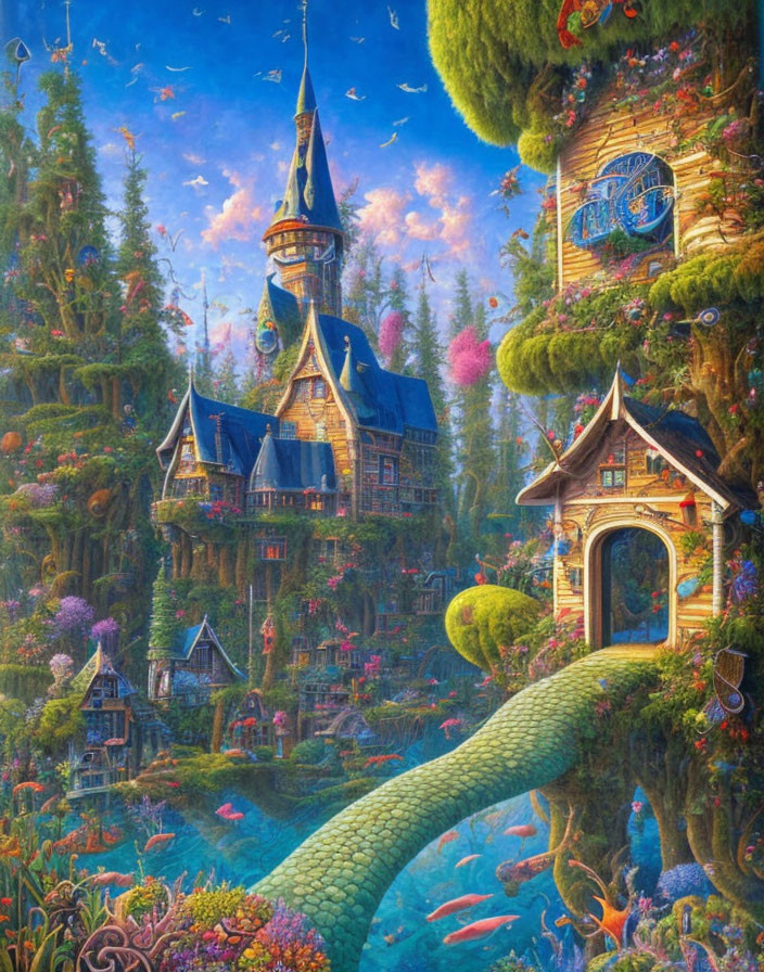 Colorful whimsical treehouse painting with clock, lush foliage, flowers, and underwater scene