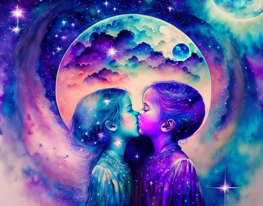 Illustrated children sharing a kiss under vibrant cosmic sky