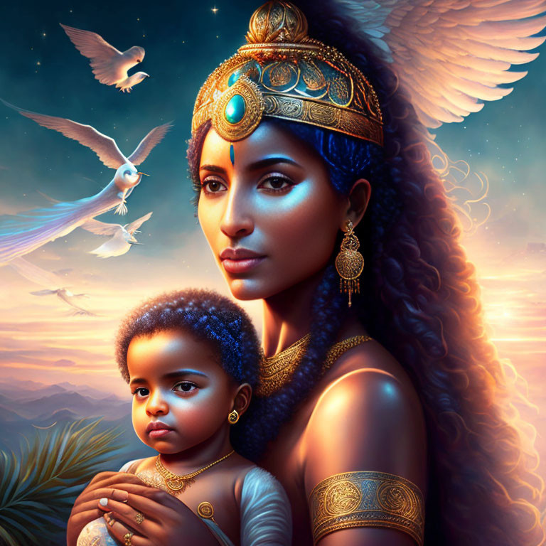 Regal woman and child with gold adornments under twilight sky with doves