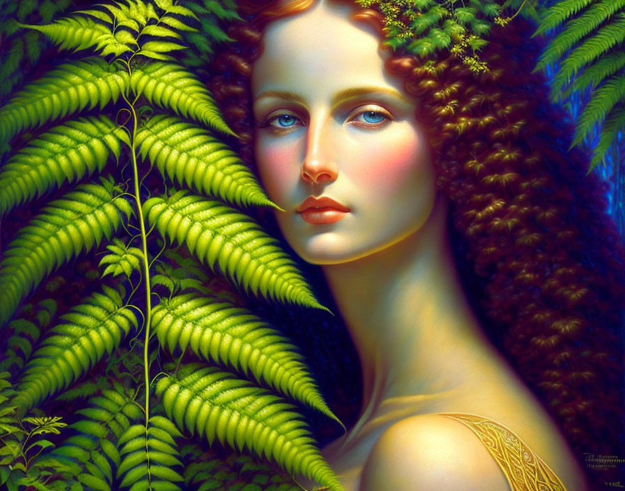 Surreal portrait of woman with red curly hair and golden tattoo in green ferns