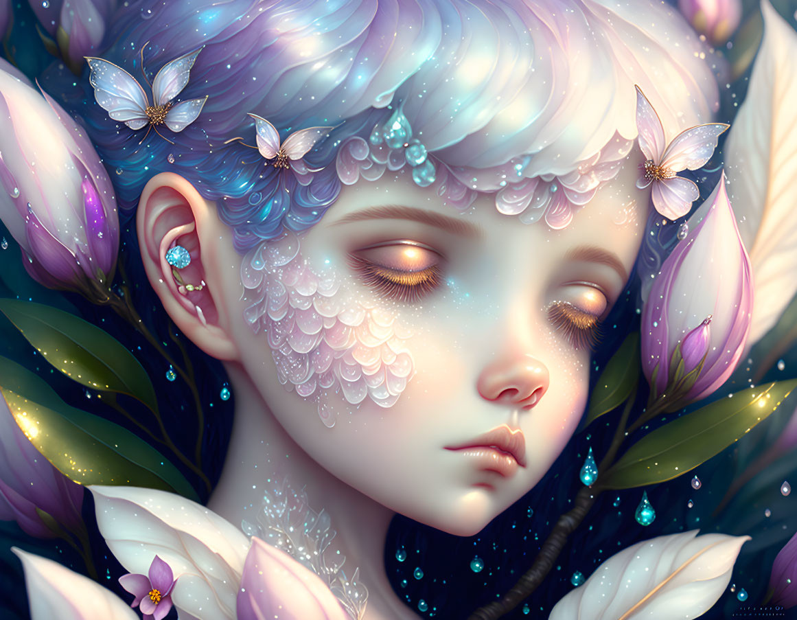 Ethereal portrait of a girl with blue-tinted hair and floral adornments