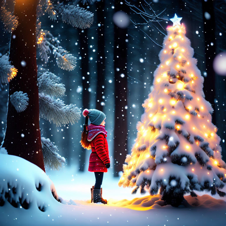 Child in winter clothing admires lit Christmas tree in snowy evening