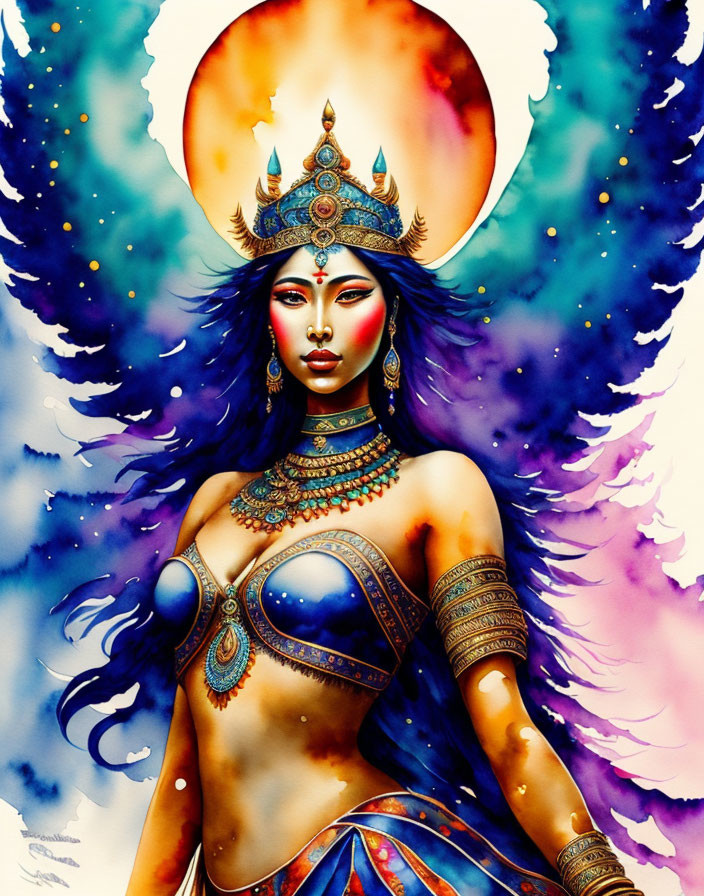 Vibrant illustration of stylized woman with blue skin and cosmic backdrop