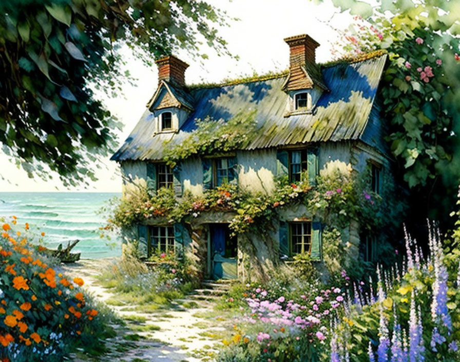 Thatched Roof Cottage Surrounded by Flowers and Sea View