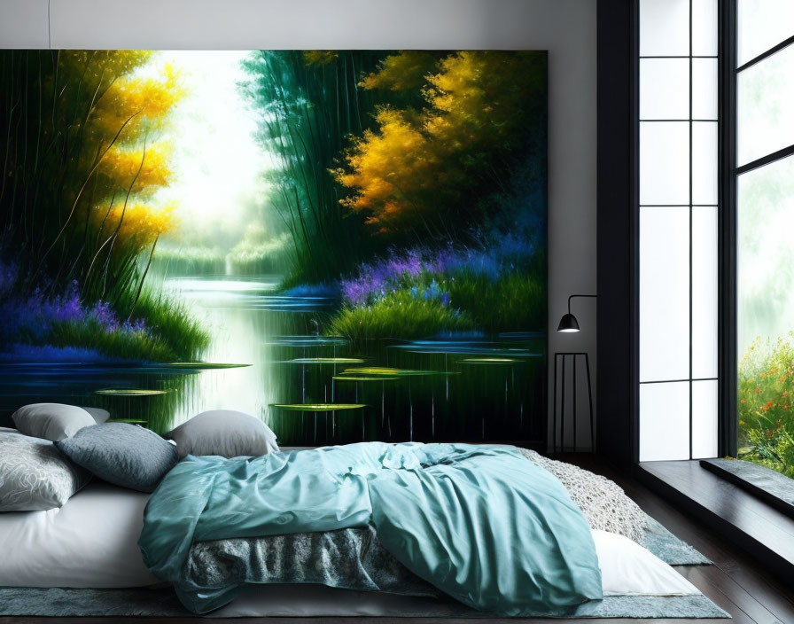 Modern Bedroom with Nature-Themed Wall Mural and Teal Accents