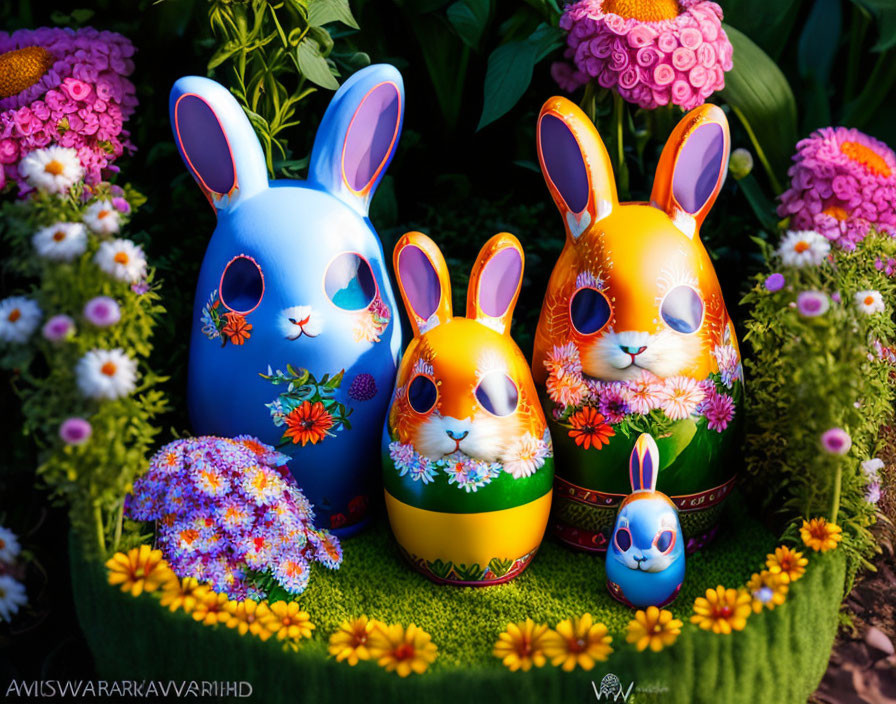 Vibrant Easter eggs in bunny shapes surrounded by flowers and greenery