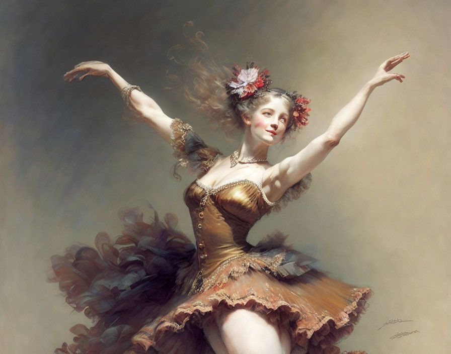 Graceful ballerina in tutu with flowers, dynamic and elegant pose