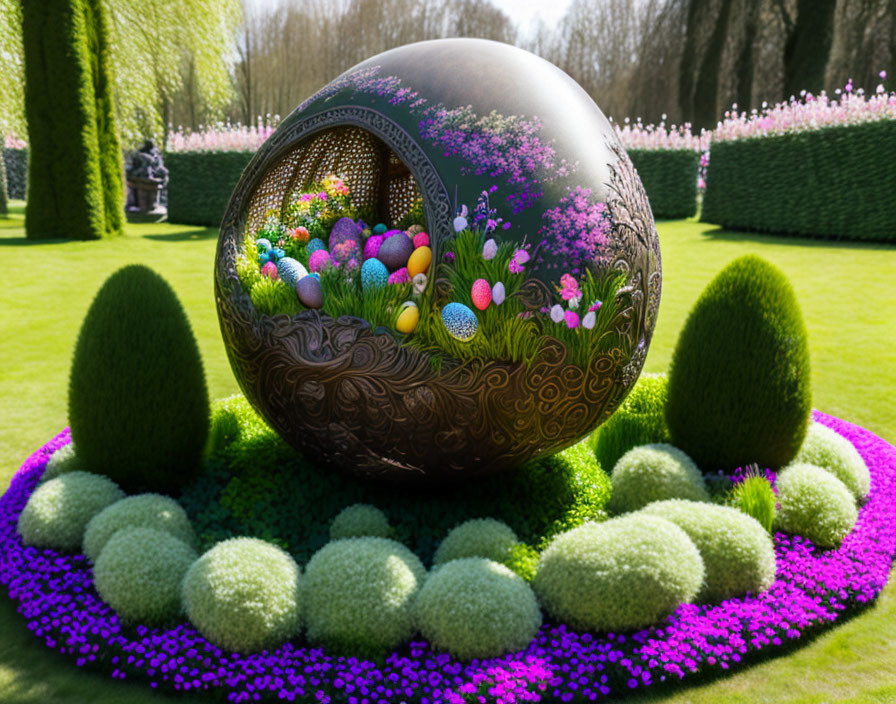 Whimsical Easter display with giant ornate egg and colorful flowers