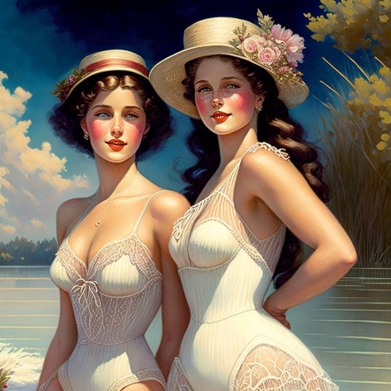 Vintage White Swimsuit Women in Elegant Pose by Tranquil Water