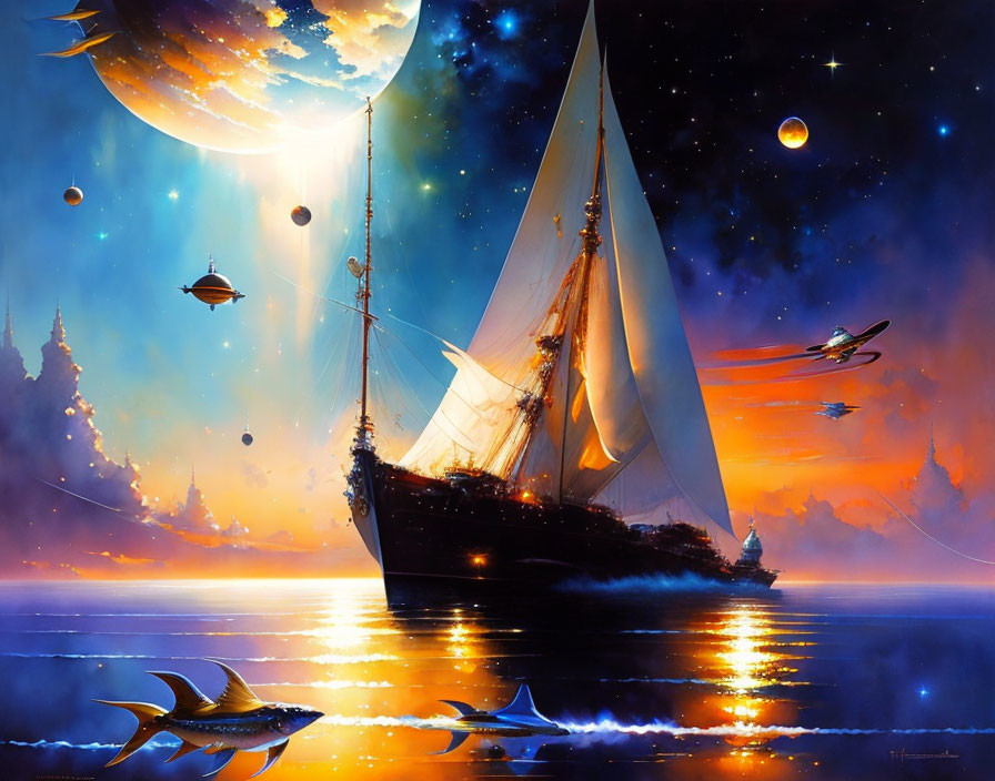 Vibrant seascape with sailboat, flying fish, planets, futuristic aircraft