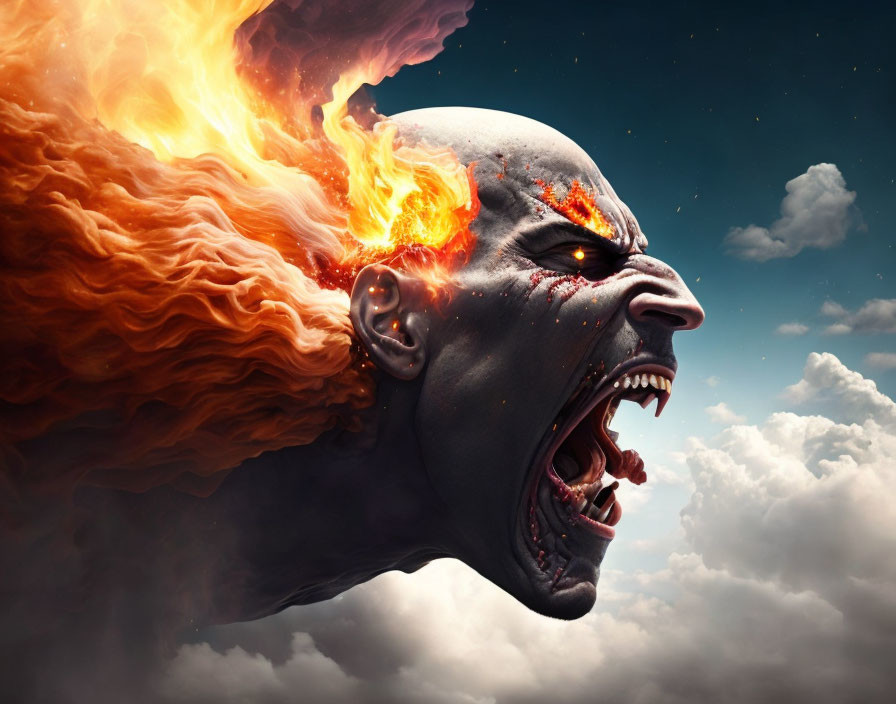 Fantasy figure with fiery mane screams against cloudy sky - symbolizes rage and power