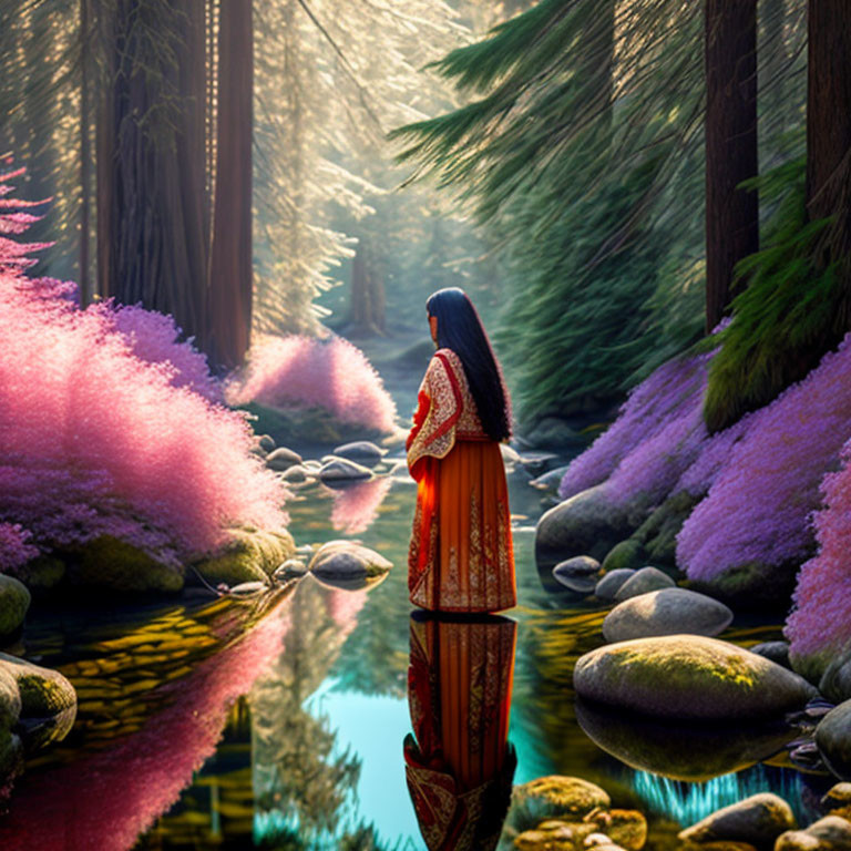 Woman in Traditional Orange Dress by Tranquil Stream with Pink Foliage