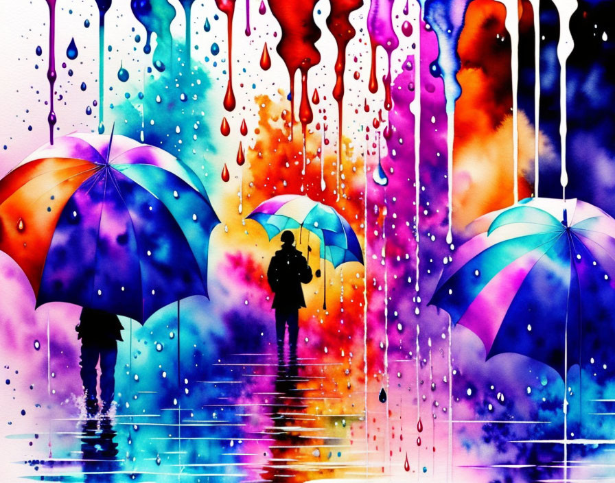 Colorful Abstract Art: Dripping Paint, Silhouettes, Reflective Surface