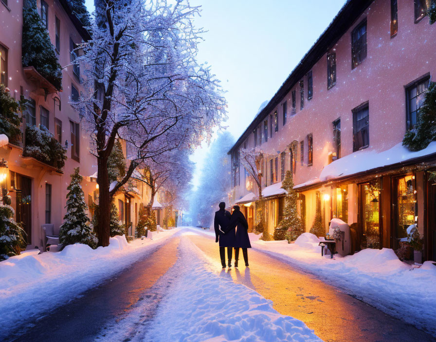 Couple walking hand in hand on snow-covered street at dusk