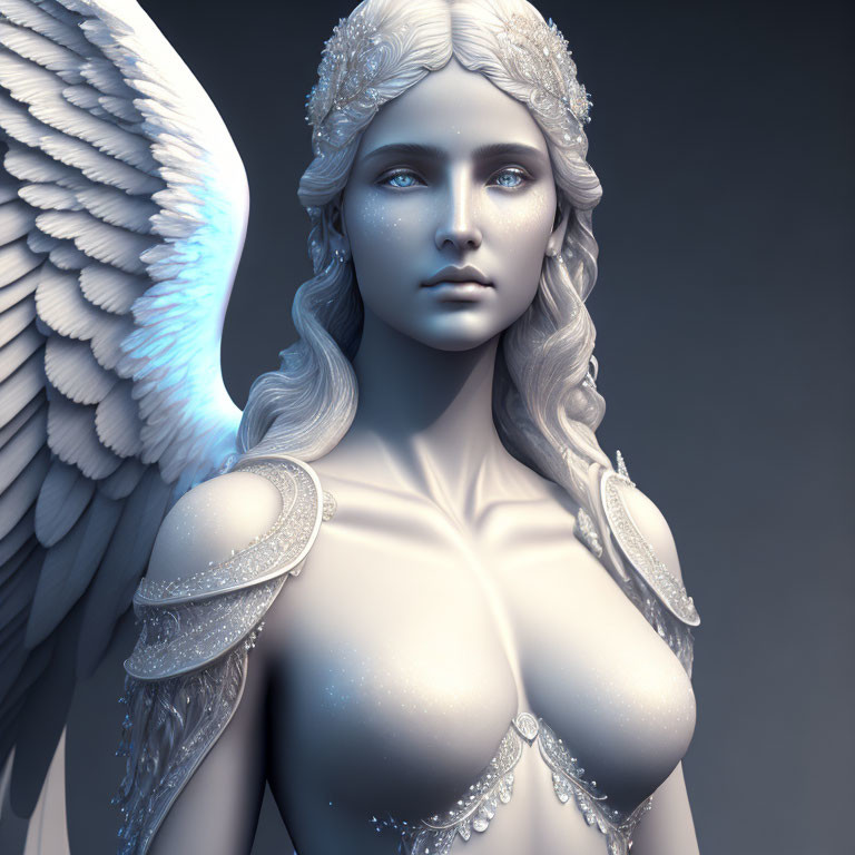 Detailed digital art: Serene angelic figure with ornate wings and armor in monochromatic tones