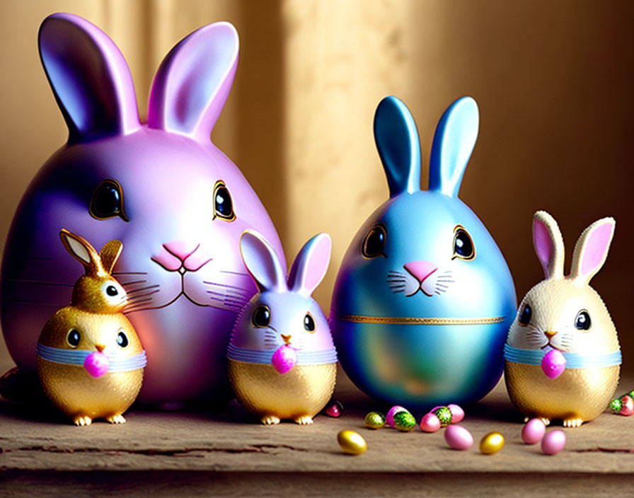 Vibrant Easter bunny decorations with candies and chicks.