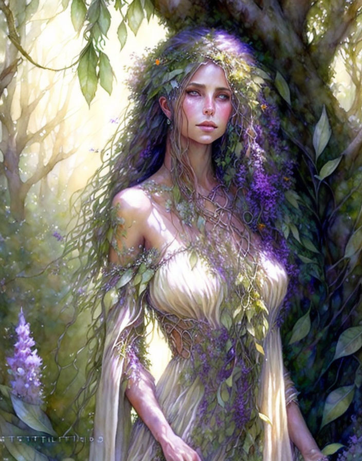 Ethereal woman in flowing gown surrounded by lush greenery