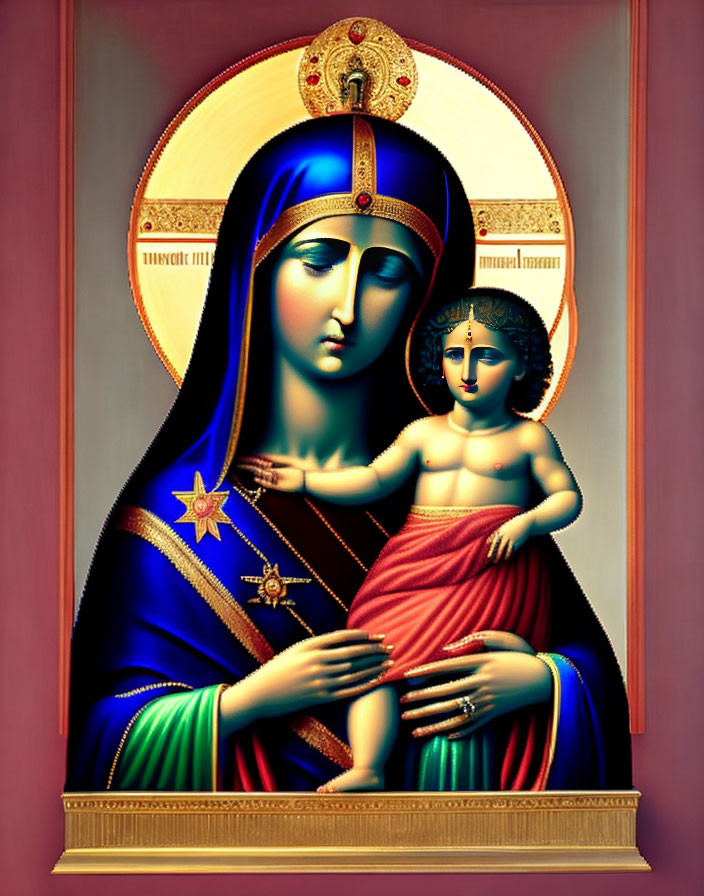 Virgin Mary with Christ Child: Gold-leaf halo and religious symbolism