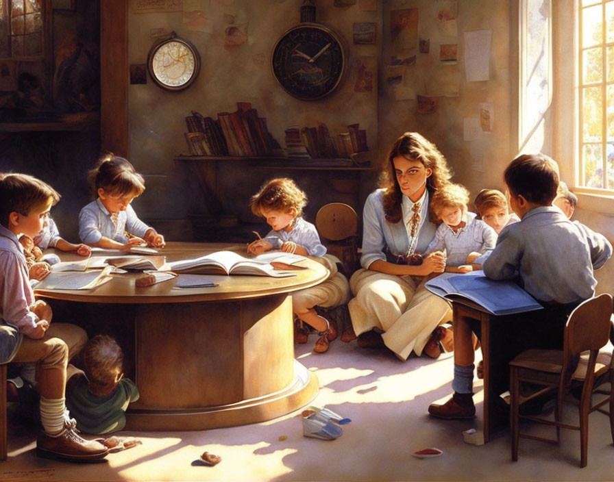 Woman and children studying in warm, well-lit indoor setting