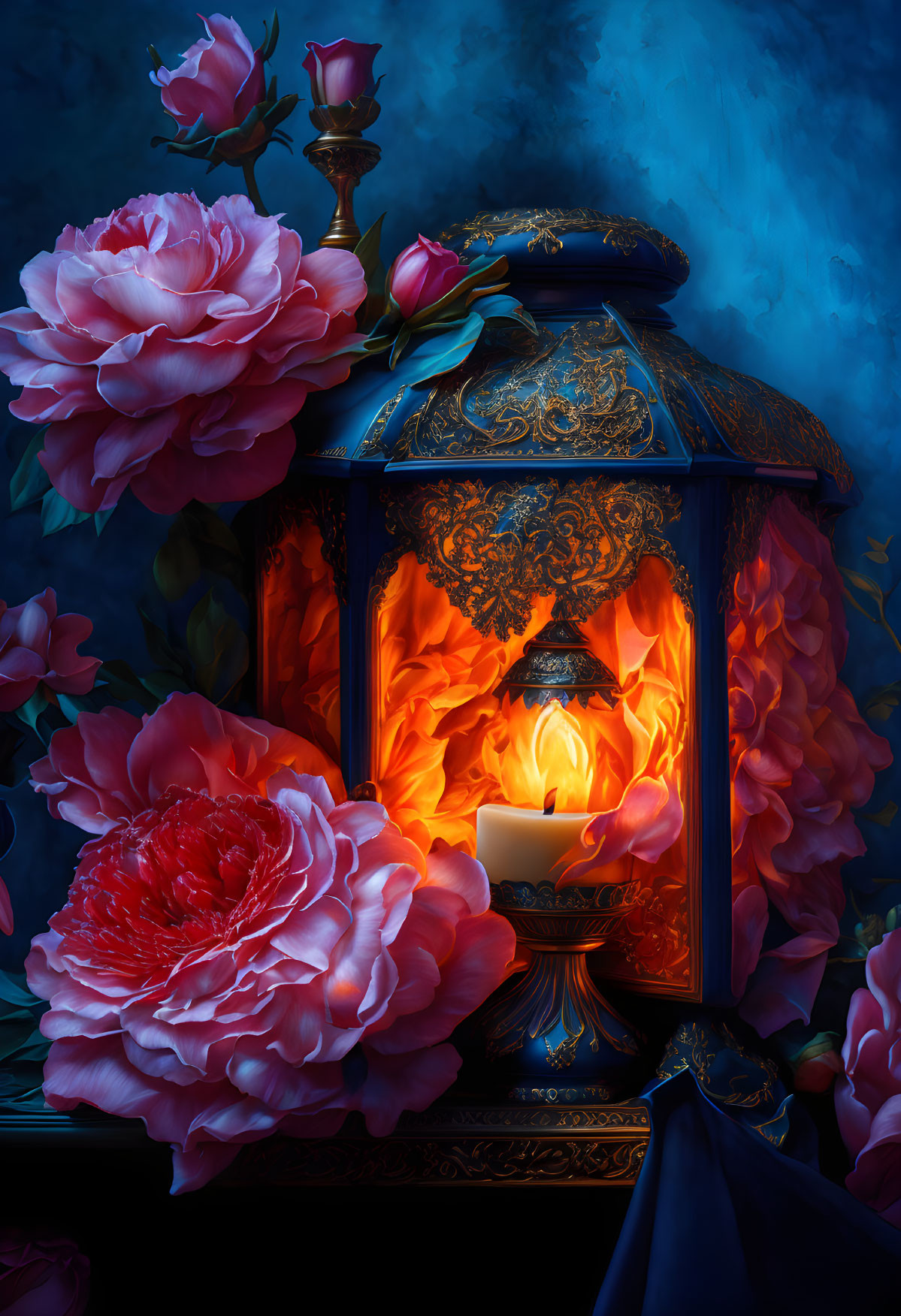 Blue Lantern with Orange Flame and Pink Roses on Dark Background