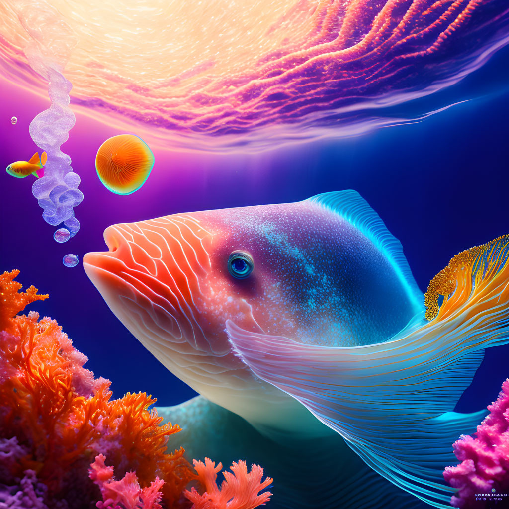 Colorful Fish in Vibrant Underwater Scene with Coral and Bubbles