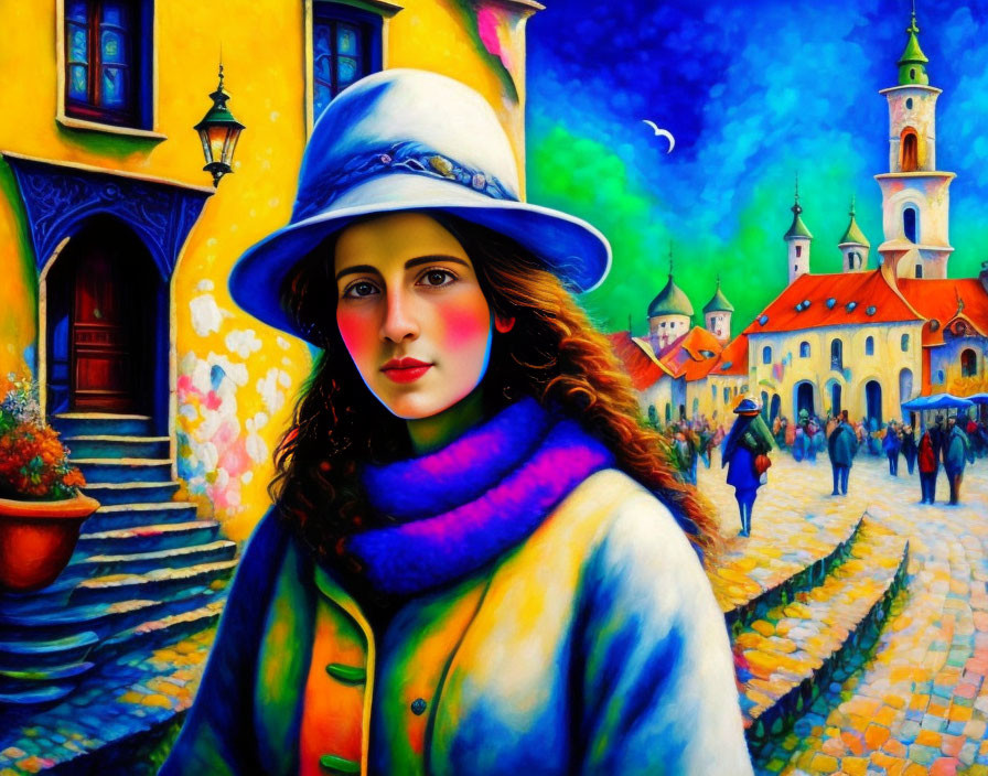 Colorful painting of woman in blue hat and scarf with whimsical townscape.