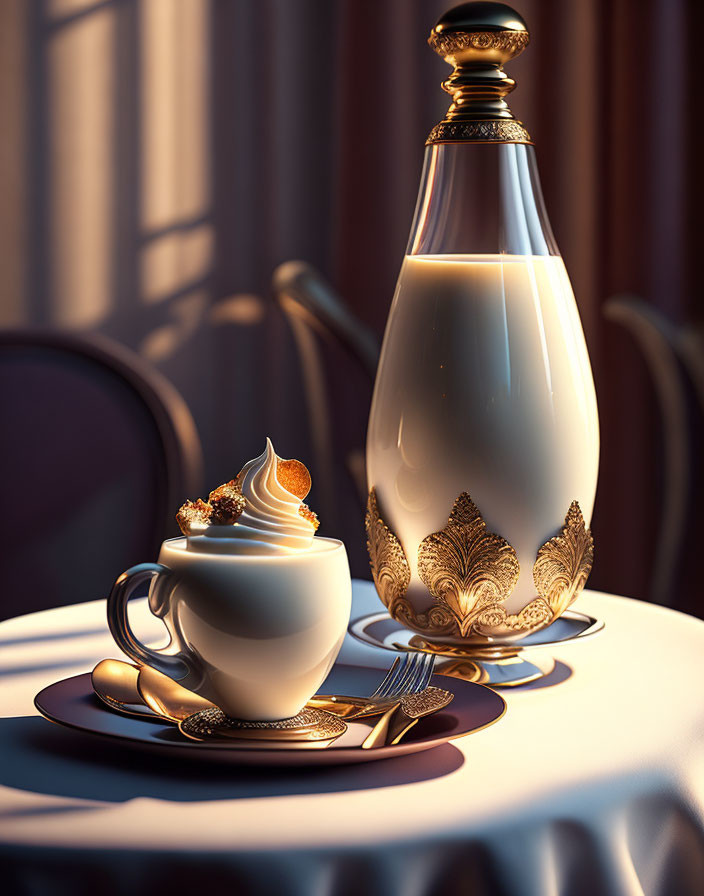 White-Gold Tea Set and Matching Bottle with Golden Patterns on Table by Window